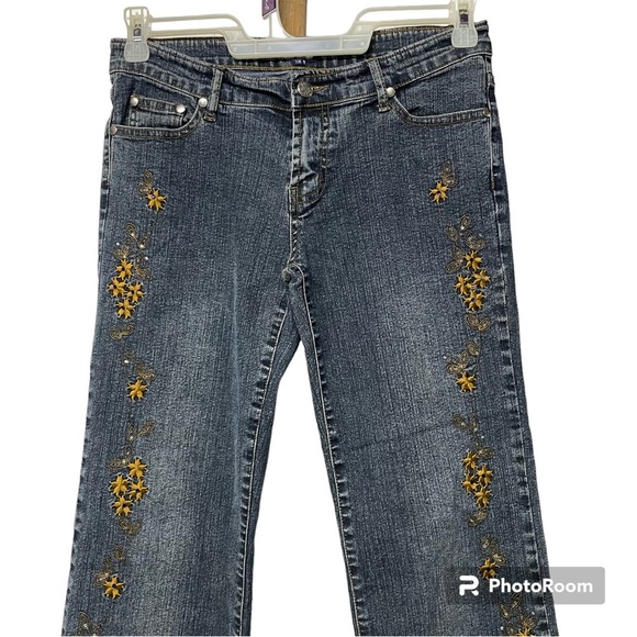 Pristine  Vintage Jeans Gold Embroidered Bling  Low Rise Flare Legs Rare 7/8 Y2K - Picture 2 of 7